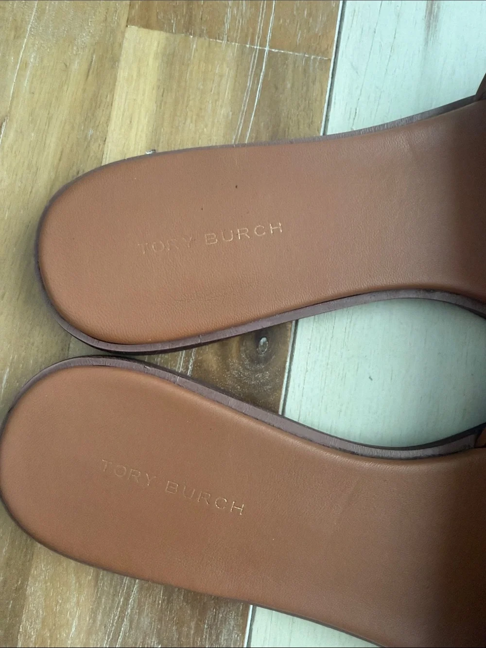 Tory Burch Cognac Leather Logo Slide Sandals